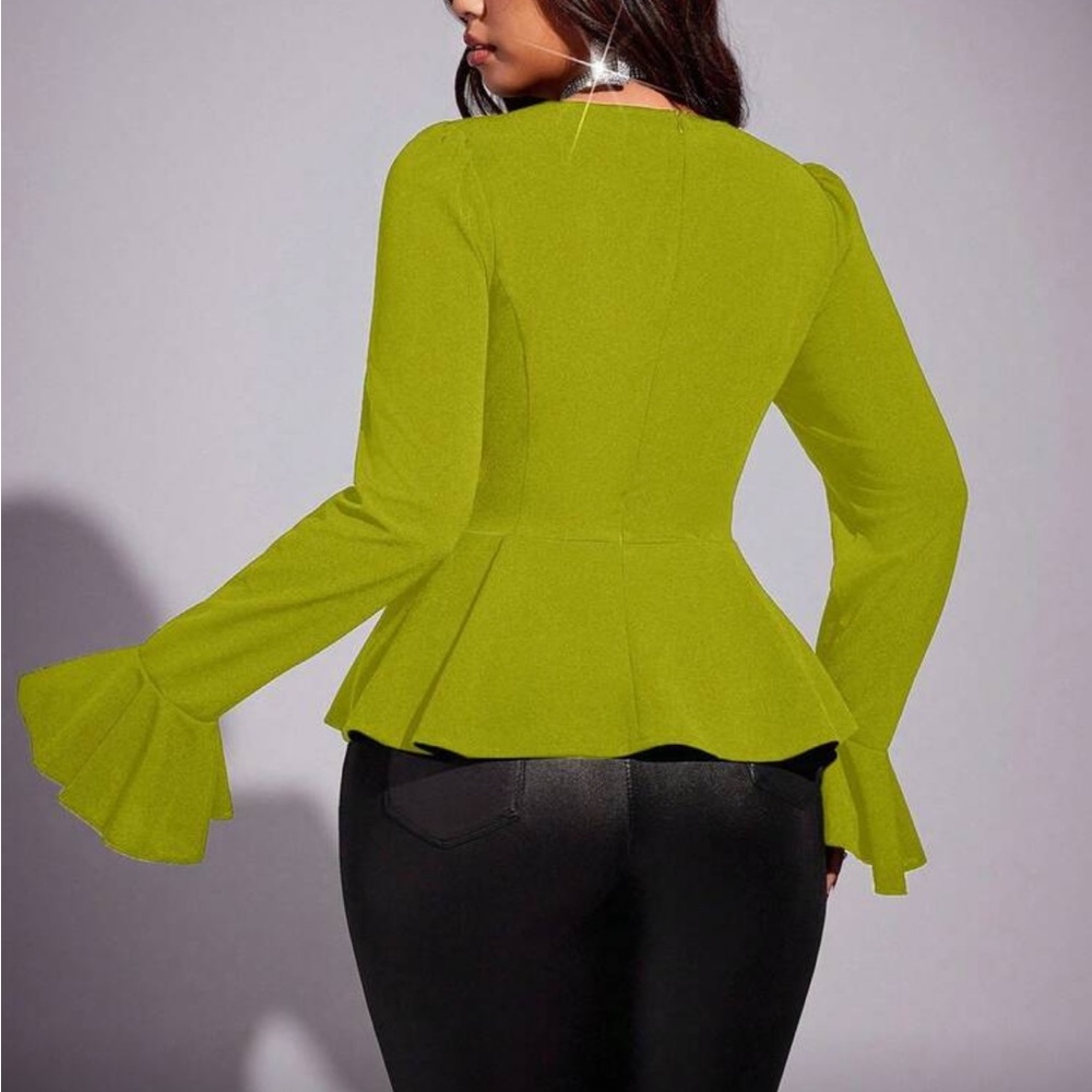 Elegant Long Sleeve Flare Peplum Top Blouse Shirt Green - Picture 2 of 16